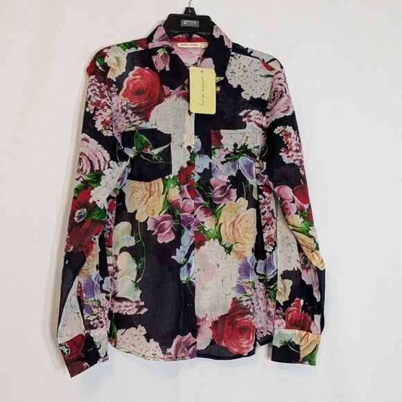 COTTON DAISY Navy Floral Lightweight Cotton Long Sleeve Button Blouse; Size L - Picture 1 of 6